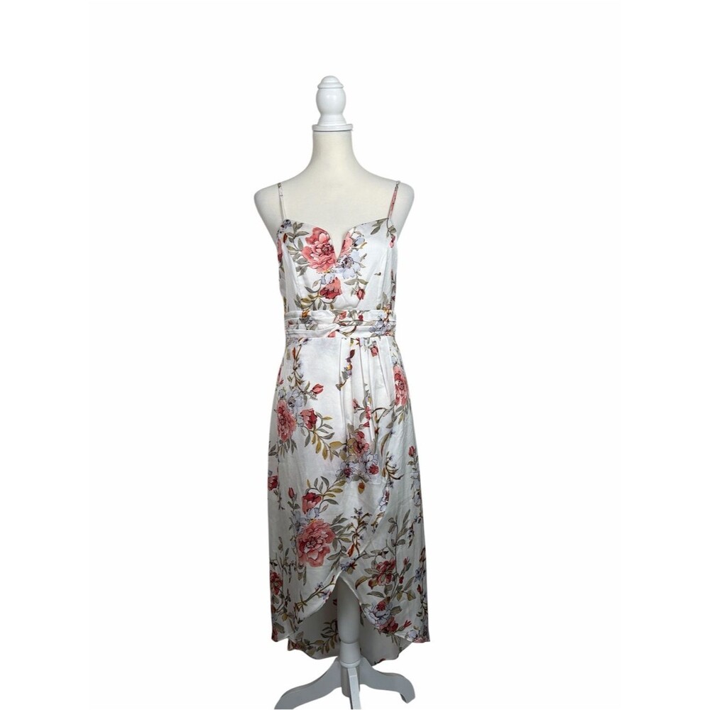 Lulus Floral High Low Midi Dress White Pink Rose Spaghetti Strap Garden Party